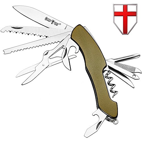 Multi Function Olive Handle Knife 13-in-1 with Corkscrew and Scissors - Utility Tool, Good for Camping, Hunting, Survival, Hiking and Outdoor Activities - Grand Way 62005