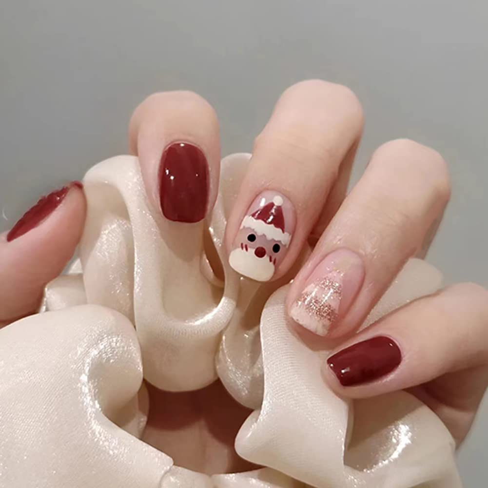 Wedity 24Pcs Christmas Tree Love Short Fake Nails Pearl Flowers Dog Rabbit Acrylic False Nails Press on Nails for Women Girls (B)