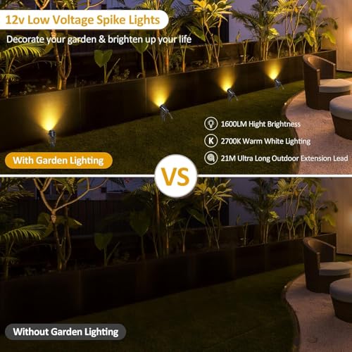 ECOWHO Garden Spotlights Mains, 21m Extendable Outdoor Spike Lights 12V LED Pathway Lighting IP65 Waterproof Electric Garden Uplighter for Path Yard Patio (18W 6-Packs Warm White), Wall/Spike Mounted