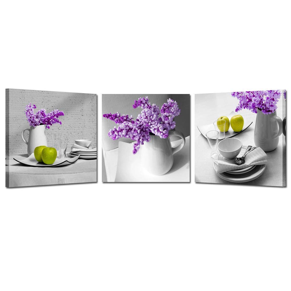 Kreative Arts 3 Pieces Kitchen Canvas Art Fruits Purple Flowers Canvas Prints Wall Art Decor Framed Ready to Hang Modern Artwork Painting Contemporary Pictures for Dining Room Walls 16x16inchx3pcs