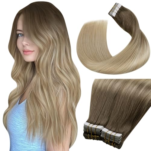 Laavoo Extensions Echthaar Tape Balayage Echthaar Extensions Tape Hellbraun Ombre Aschblond Platinblond Haarverlängerung Echthaar Tape In Hair Extensions Human Hair #8/18/60 100G 40Pcs 60Cm