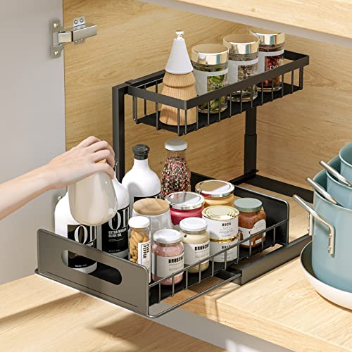 Famhap Organizzatore sotto Il Lavandino 2 Livelli, Scorrevole Scaffale Sottolavello Portaoggetti con 4 Ganci e 2 Bacinelle Sospese, Estraibile Cassetti Organizer per Cucina Bagno, Nero