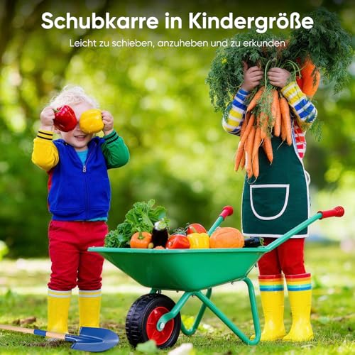 GOLDGE Children's Wheelbarrow, 10 Piece Children's Garden Tools Set with 5 Pieces Garden Tool Shovel Set, Tool Bag, Watering Can, Apron, Gloves, Perfect Garden Tools Wheelbarrow Toy for Outdoor Use