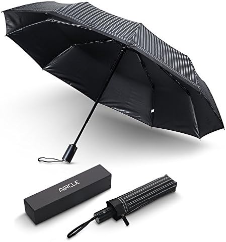 Automatic Folding Umbrella, Compact 10 Steel Ribs 70 MPH Windproof Travel Umbrella, Anti-UV UPF50+ Sunproof Umbrella, Black White Stripes by AIRCLE