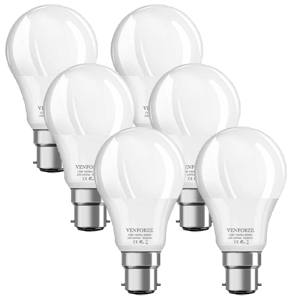Venforze Bayonet Light Bulbs 150 Watt Equivalent, 15W A60 B22 LED Bulbs Super Bright 1600LM, Daylight White 6000K, BC Energy Saving Bulbs, Non-dimmable, 6P