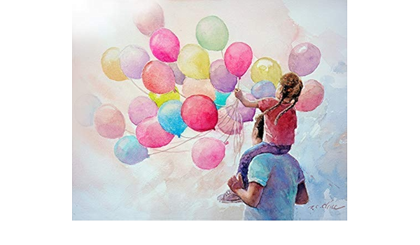 Amazon.com: Art Print Of Watercolor Painting - Father And Daughter Holding Balloons - : Handmade Products