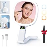 Auxmir 30X/1X Travel Makeup Mirror with Lights, LED Display, 3 Color Modes | LED Display Shows Time, Battery Level and Brightness, 3-Color Dimmable, Tabletop/Handheld/Hanging Use, 2500mAh Rechargeable