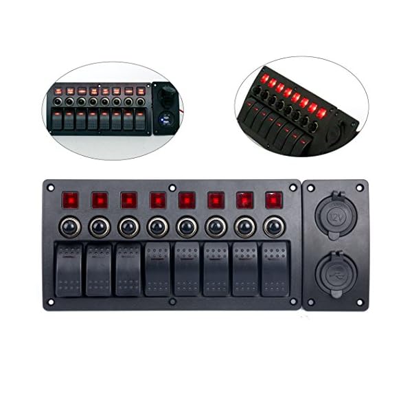 Amarine-made-8-Gang-Red-LED-Indicators-Rocker-Circuit-Breaker-Waterproof-Marine-Boat-Rv-Switch-Panel-Combined-with-Dual-USB-12v-Power-Adapter-Panel-PN-CB8-R-CB1S1S2