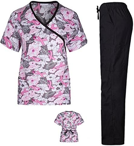 Women's Medical Printed Scrub Sets Top & Pant Sizes XS-2XL Nursing Dental Scrubs (XL, Pink Black)