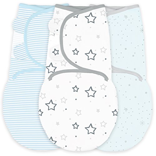 Amazing Baby Swaddle Blanket with Adjustable Wrap, Set of 3, Stars, Stripes and Starry Nite, Pastel Blue, Small