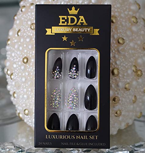 EDA LUXURY BEAUTY BLACK 3D JEWEL DESIGN Full Cover Press On Gel Glitter Artificial Tips Shiny Acrylic False Nails Extra Long Oval Round Pointed Pointy Almond Stiletto Super Fashion Fake Nails 6 EDA LUXURY BEAUTY BLACK 3D JEWEL DESIGN Full Cover Press On Gel Glitter Artificial Tips Shiny Acrylic False Nails Extra Long Oval Round Pointed Pointy Almond Stiletto Super Fashion Fake Nails