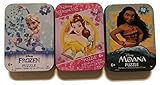 Bundle Set of 3 Girls Mini Jigsaw Puzzles: Disney Frozen (Elsa), Princess Belle (From Beauty and the Beast), Moana (48/50 Pieces) in Collectible Illustrated Travel Tins/Cases