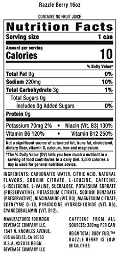 REIGN TOTAL BODY FUEL, RAZZLE BERRY, FITNESS & PERFORMANCE DRINK, 16 OUNCE (PACK OF 12)
