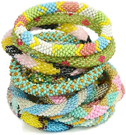 Nepalese Roll on Hand Beaded Glass Seed Bead Bracelet. Premium Colors and Design. 12 Pcs Set. Random Color Mix.
