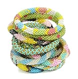 Nepalese Roll on Hand Beaded Glass Seed Bead Bracelet. 12 Pcs Set. Random Color Mix.