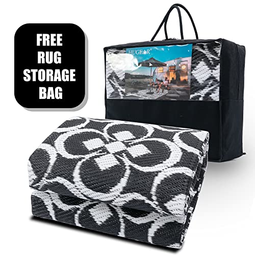 HUGEAR Outdoor Rug, Large Waterproof Outdoor Area Rug, Reversible Portable Outdoor Plastic Straw Carpet for RV Deck Camping Front Door Indoor Outside Porch Picnic (5x8ft Clover Black&White)