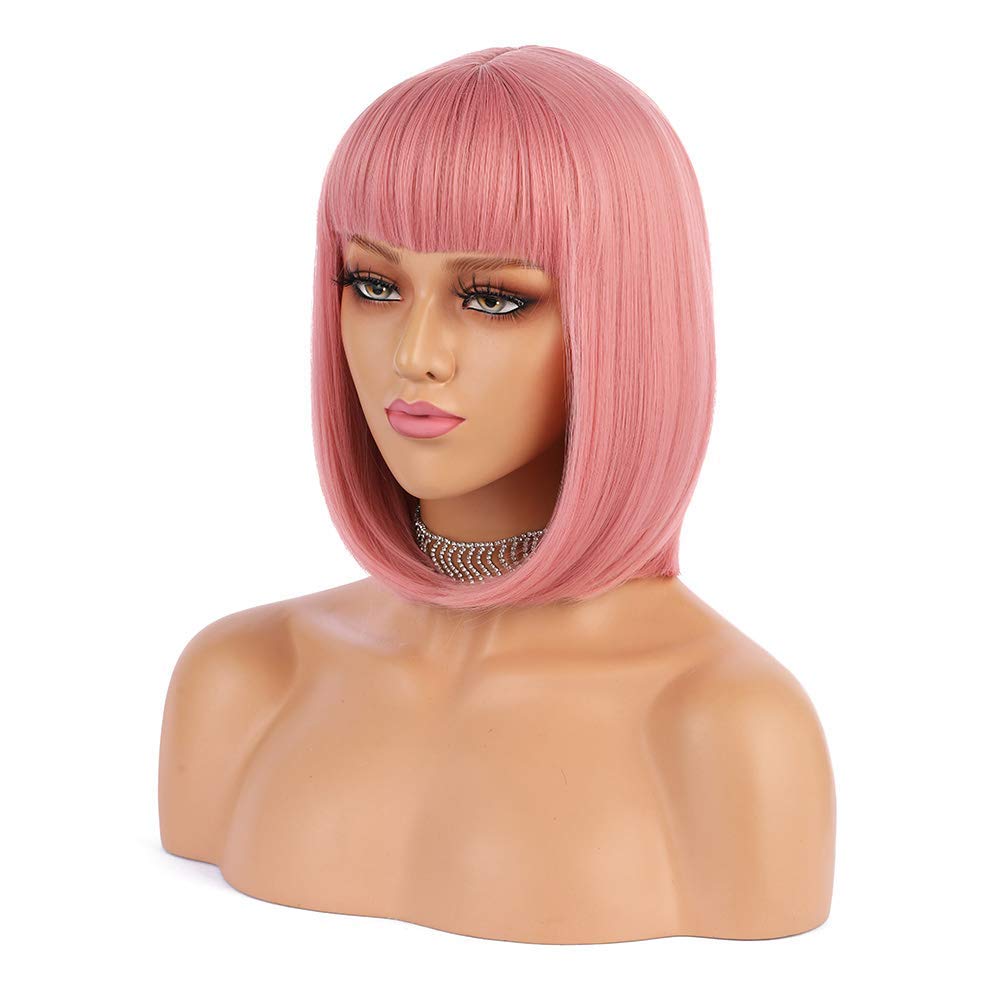 Photo 1 of eNilecor Short Hair Wig 12" Straight Flat Bangs Short Bob Hair Candy Color Synthetic Wigs Natural As Real Hair (Pink)