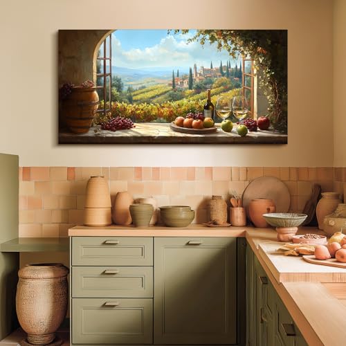 MHARTK66 Wine-growing landscape painting, 73 x 146 cm, XXL decorative canvases with window, fruit and wine glasses, Tuscan and rustic decoration for living room, dining room, bedroom, hallway, bathroom, office