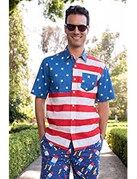 Camisa abotonada con bandera estadounidense de Tipsy Elves para hombre - Camisa hawaiana roja, blanca y azul patriótica de EE. UU.