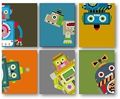 Nursery Art for Boys, Robots Art Prints, Robot Nursery Art, Robot Wall Art, Robot Decor in 8X10" set of (6) Six PRINTS ONLY. Unframed. (NOT CANVAS)