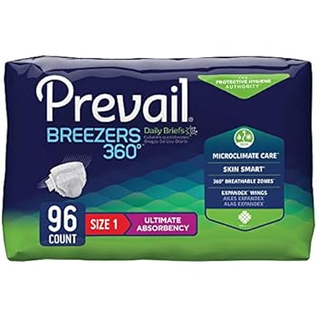 Prevail Breezers 360 Ultimate Absorbency Incontinence Briefs, Size 1, 6 Bags of 16 (96 Count)