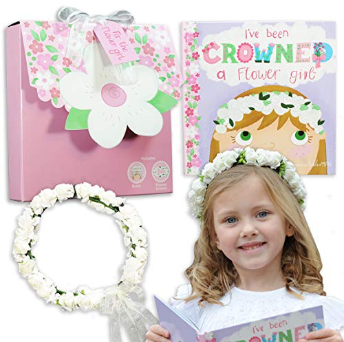 Flower Girl Gift Set- Book with Floral Crown Headband Headpiece in Adorable Gift Box - I've Been Crowned a Flower Girl!