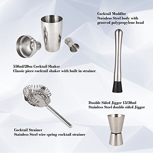 14 Piece Cocktail Shaker Set - Bar Accessories: Cocktail Shaker, dual capacity jigger, 4 drink stirrer, cocktail muddler, ice tongs, mixing spoon, 2 bottle poures, wine opener, and Wooden Gift Box