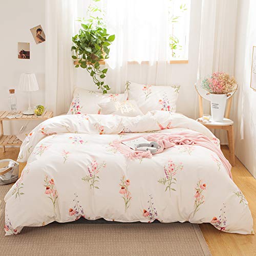 Pink Flowers Bedding Off White Floral Duvet Cover Set Pink Lavender Flowers Printed Botanical Country Style Bedding Sets Twin 1 Duvet Cover 1 Pillowcase (Twin, Offwhite)
