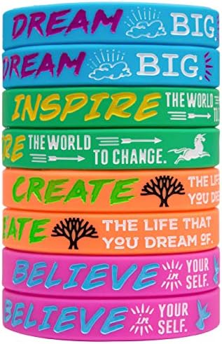 Sainstone 4-Pack Silicone Motivational Wristbands, Rubber Inspirational Quote Bracelets - Dream, Inspire, Create, Believe for Kids Boys & Girls Scout Birthday Party Cheer Gifts Supplies Favors Color