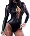 YeeATZ Women Sexy Black Wet Look Bandage Lace Up Front Long Sleeve Bodysuit