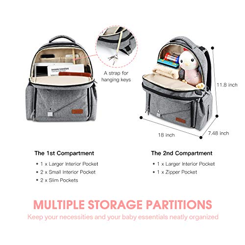 Diaper Bag Backpack,Chuntianli Multi-Function Travel Back Pack Large Maternity Baby Nappy Changing Bag Organizer,Waterproof/Durable,with USB Charging Port/Insulated Holder Pockets/Stroller Strap, Gray - Thumbnail 4
