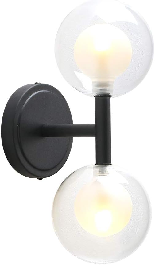 Phansthy Retro Industrial Wall Light Double-Headed Double Layer Glass Shades Sconces Straight Pole Transparent 12cm Small Globe Glass Lampshade Wall lamp for Vanity Mirror Bedroom (Black)