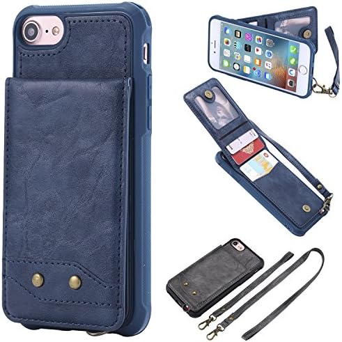 Shinyzone Leather Back Case for iPhone 6 Plus,Removable Wrist Strap & Neck Strap Metal Buckle Premium PU Flip Wallet Case with Card Holder Cover for iPhone 6S Plus,Blue