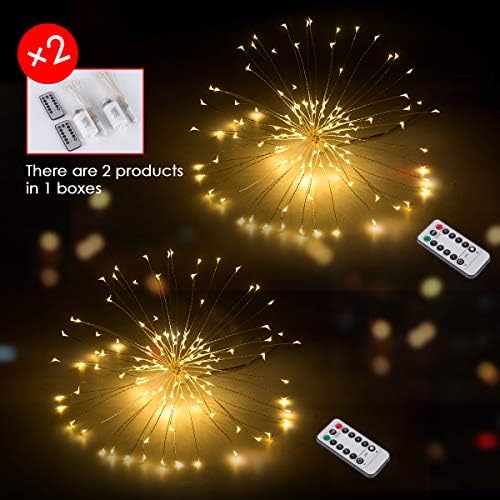 FANLA LED Starburst String Lights 2-Pack Bouquet Shape 120 LED Silver Wire Firework String Lights Waterproof 8 Modes Dimmable with Remote Control Fairy Twinkle Light for DIY Party Tree （Warm White）