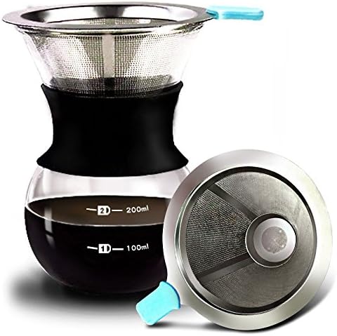 6.8 oz/ 200ml Black Perfect Hand Drip Coffee Tough Borosilicate Glass Carafe Reusable Paperless Stainless Steel Mesh Filter Mini Coffee Pot