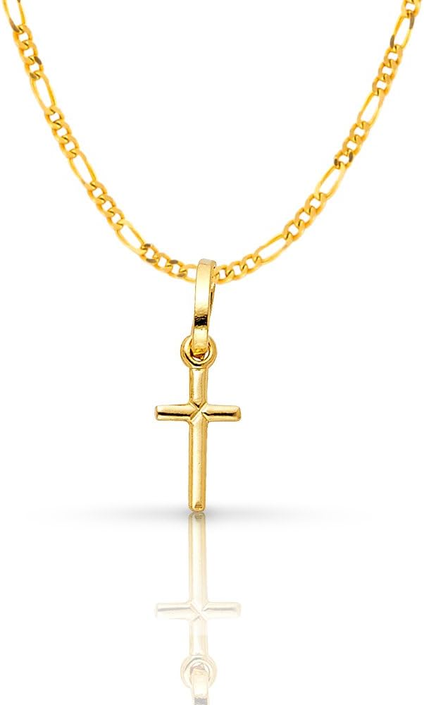 14K Yellow Gold Plain Cross Pendant with 1.2mm Figaro 3+1 Chain Chain Necklace