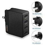 Pisen USB Wall Charger 4-Port Fast Charging international travel adapter US UK EU Plug 20W/5V 4A Total Output for iPhone, iPad, Samsung Galaxy, Nexus, Tablets and Android Smartphones - Black