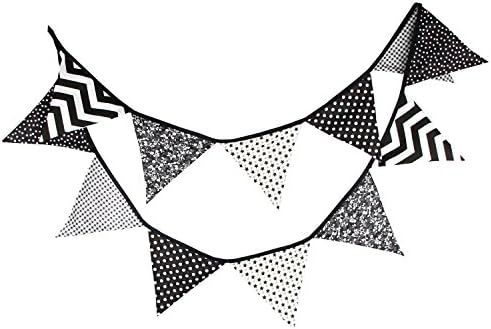 Cotton Fabric Bunting Pennant Flags Banner Garland Wedding Birthday Baby Shower Party Decoration (Black White)