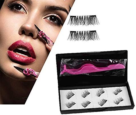 SOZZUMI Age Care 3D Magnetic Reusable Handmade Natural Extension Dual False Eyelashes and 1 Tweezer Makeup Tool for Women (Black, 8 Pieces)