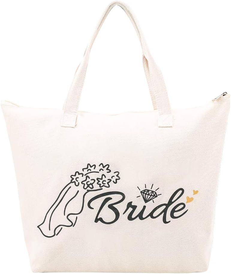 Bridesmaid Tote Bag with Zipper,Heavy Canvas Tote Wedding Reusable Shopping Bag for Wedding Bridal Shower Gifts