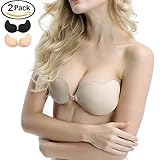 Muryobao Women's Strapless Self Adhesive Silicone Invisible Push-up Bras Backless Sticky Bra Pack Of 2 Beige Black Size B