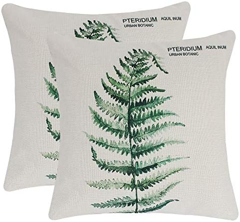JINBEILE Set of 2 Green Fern Leaf Throw Pillow Covers Cotton Linen Decorative Square Cushion Covers Sofa Home Pillow Case 18x18 Inch