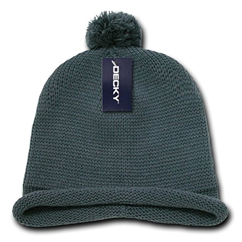 DECKY Solid Roll Up Beanie with Pom, Charcoal