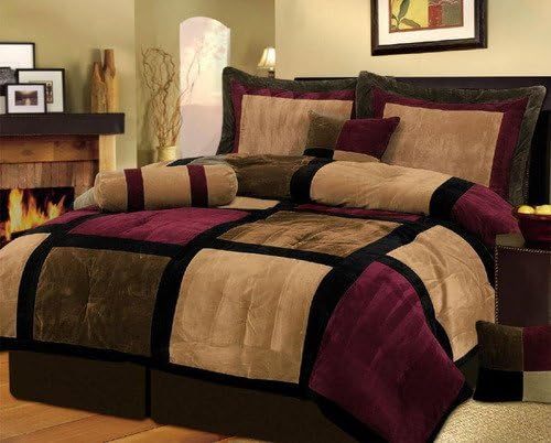 Amazon Com 7 Pc Modern Black Burgundy Red Brown Suede Comforter