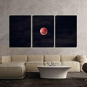 3 Piece Canvas Wall Art - Full Moon and Stars in The Dark Night - Modern Home Art Stretched and Framed Ready to Hang - 16"x24"x3 Panels
