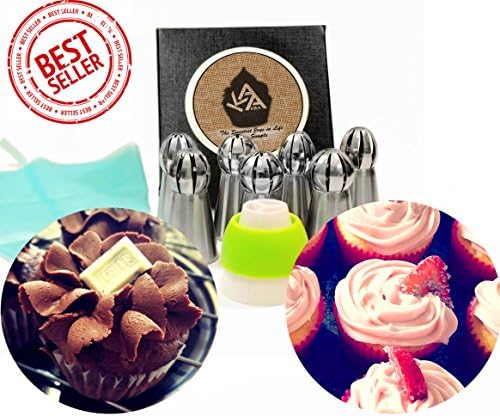 Russian Cake/Pastry Decorating Piping Tip Kit By K2A - Large Ball Style Icing Nozzles - 7 Stainless Steel Frosting Tips, 10 Disposable Pastry Bags, 1 Tricolor Coupler & 1 Reusable Silicone Pastry Bag