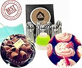 Russian Cake/Pastry Decorating Piping Tip Kit By K2A - Large Ball Style Icing Nozzles - 7 Stainless Steel Frosting Tips, 10 Disposable Pastry Bags, 1 Tricolor Coupler & 1 Reusable Silicone Pastry Bag