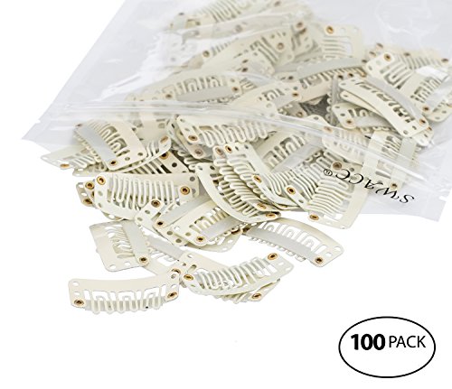 SWACC 100 Pcs U Shape Metailic Snap Clips ins for Hair Extension Hairpiece DIY Snap-Comb Wig Clips with Rubber (White Beige, General U Shape 6 Holes)