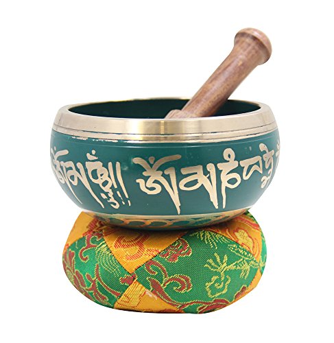 DharmaObjects Tibetan Meditation Om Mani Singing Bowl / Cushion / Mallet (Green)