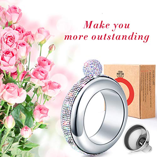 BOKIN Bracelet Bangle Flask 304 Stainless Steel with Handmade Crystal, Funnel in Gift Box for Women Girls Dance Birthday Party Club Bar, 3.5oz (Silver)